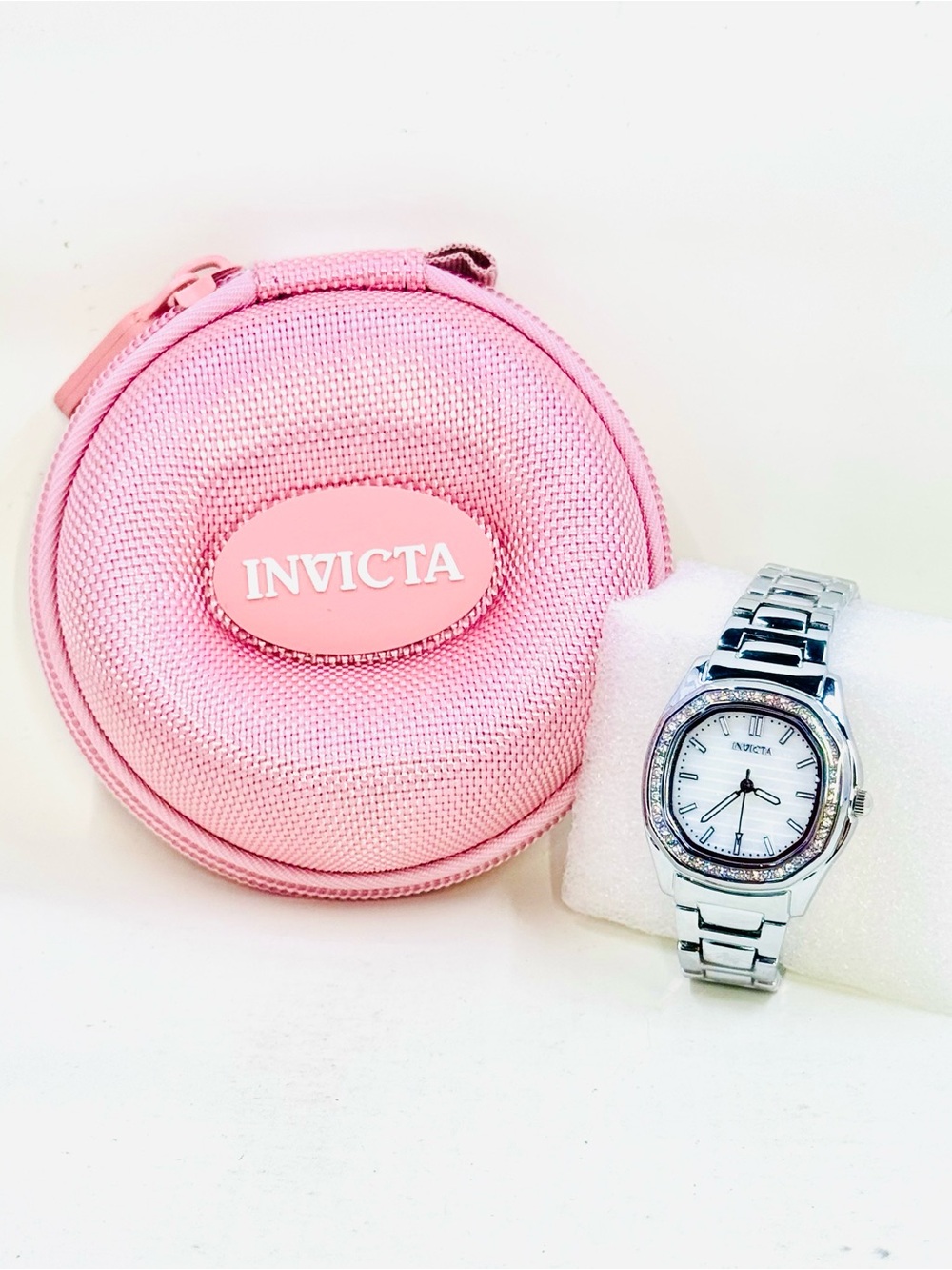 Invicta Silver-Tone Bracelet Watch W/Crystal Bezel & Pink Travel Case NWT